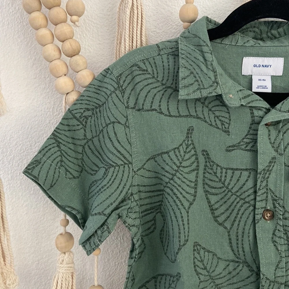 Old Navy boys green Hawaiian print linen shirt tropical luau summer xs 5